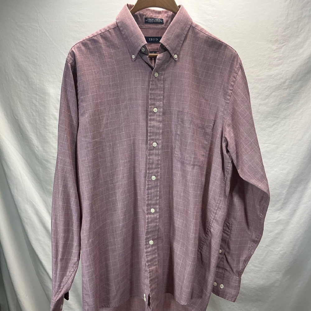IZOD English Poplin Button Down Shirt Plaid Long Sleeve Mens 16 34/35 Mauve Red